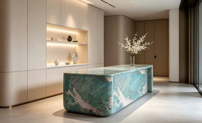 Explore Amazonita Granite slabs in vivid green, turquoise, and blue-green tones for luxury countertops, waterfall islands, feature walls, and custom stone projects.